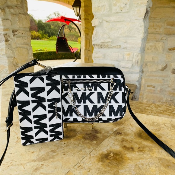 Michael Kors Handbags - Michael Kors Graphic MK Large EW chain Xbody crossbody&wallet black white